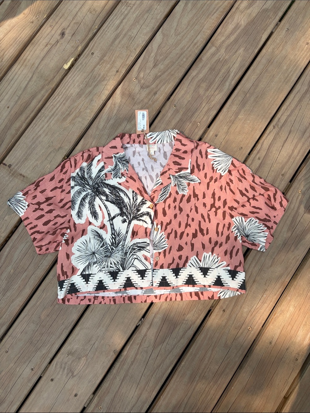 Surf Gypsy Coral Pink Tropical Cropped Button-Up